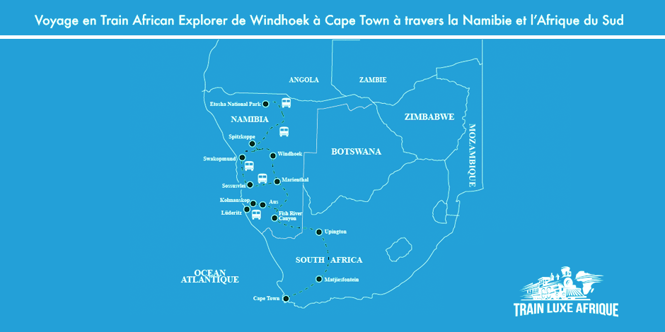 Carte Itin&eacute;raire Du Train African Explorer De Windhoek &agrave; Cape Town Bleu