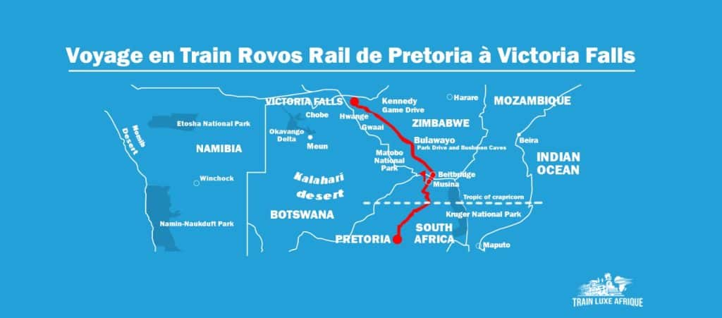 Carte Itin&eacute;raire Voyage en Train Rovos de Pretoria &agrave; Victoria Falls en 4 nuits